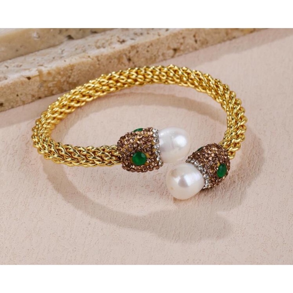 Gold Toned Cuff w/ Brown & Green CZ Rhinestone bangle bracelet, NEW